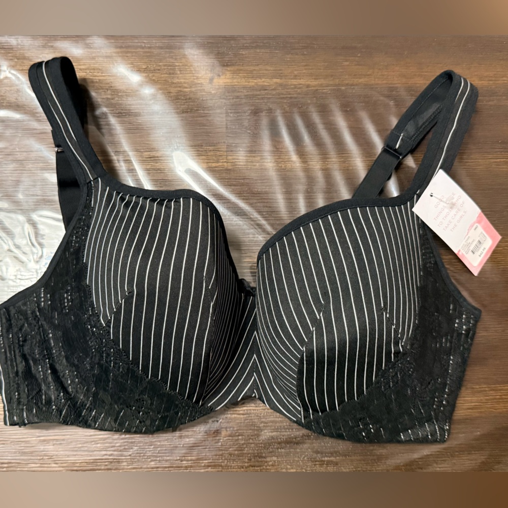Cacique Black and White Striped Lace Bra
